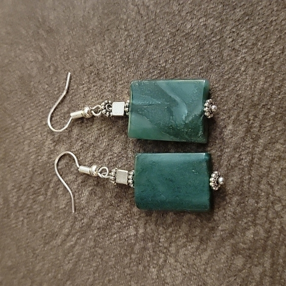 Handmade Emerald Jade Rectangle Dangle Hook Earrings - Picture 2 of 4